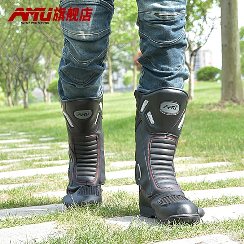 AMU Motorcycle Boots Leather Motocross Boots Men Moto Riding Shoes Motorcycle Protection Motorcycle Long Thigh Boots Reflective