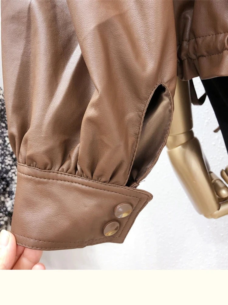 Fitaylor New Spring Autumn Moto Biker Pu Jacket Women Fashion Single Breasted Faux Leather Jacket Big Pockets Drawstring Outwear