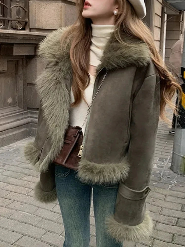 Fitaylor Winter Women Faux Fur Patchwork Suede Leather Jacket High Street Motorcycle Outwear Casual Lapel Thick Warm Coat