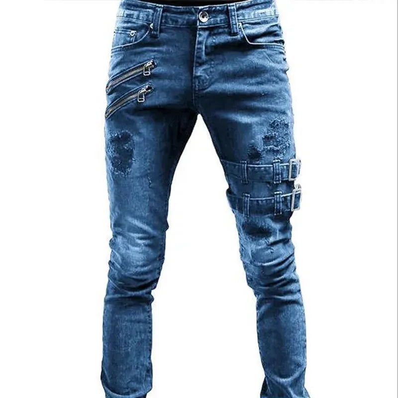 2022 New Jeans Men Fashion Hole Streetwear Straight Jeans Spring Summer Moto & Biker Skinny Casual Denim Pants For Men