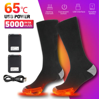 65℃ Heated Socks Winter Motorcycle Outdoor Heated Boots Warmth 5000mAh USB Rechargeable Heating Socks Snowmobile Skiing Sock