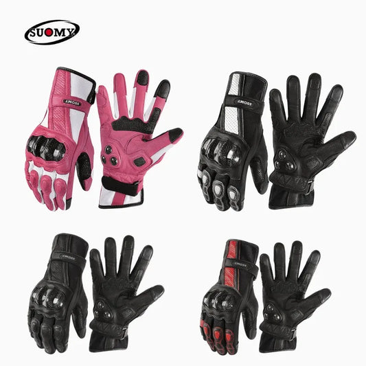 SUOMY Women Men's Gloves Motorcycle Goat Leather Gloves Vintage Full Finger Motocross Gloves Motorcyclist Pink Cycling XS-XXL