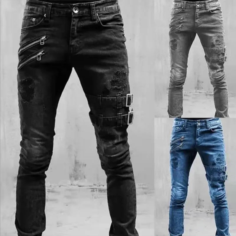 2022 New Jeans Men Fashion Hole Streetwear Straight Jeans Spring Summer Moto & Biker Skinny Casual Denim Pants For Men