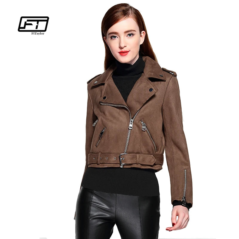 Fitaylor Women Faux Suede Jacket Slim Punk Leather Jacket Woman Bikers Pink Leather Jacket  Moto Jacket Autumn Outwear