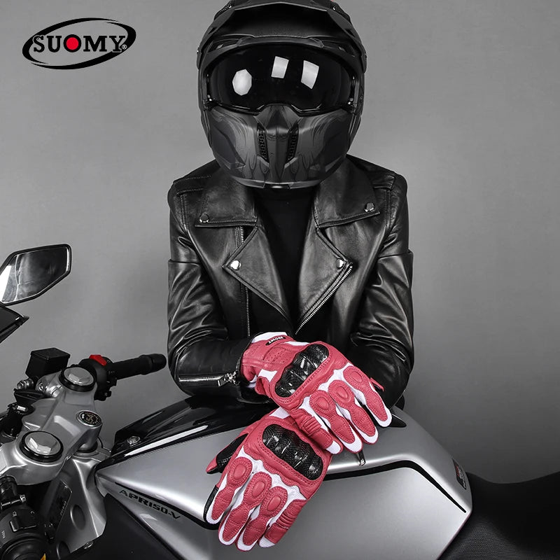 SUOMY Women Men's Gloves Motorcycle Goat Leather Gloves Vintage Full Finger Motocross Gloves Motorcyclist Pink Cycling XS-XXL