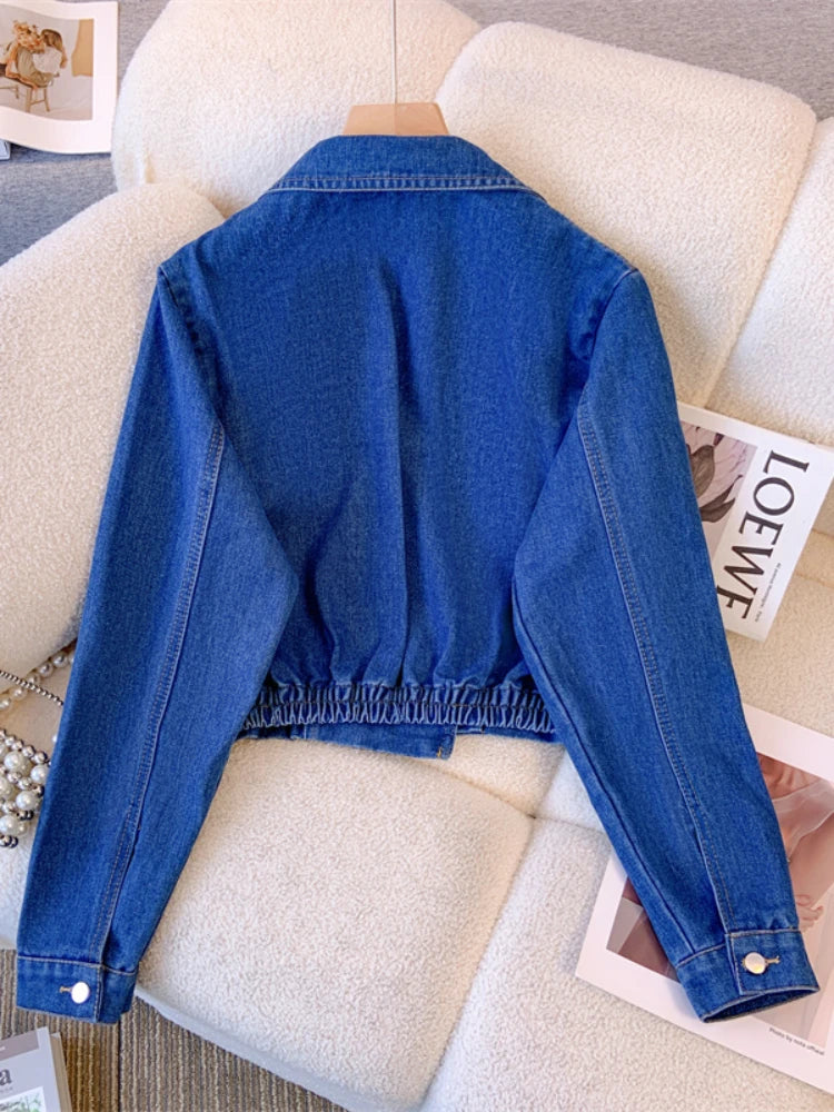 Fitaylor Autumn Winter Women Lapel Zipper Denim Jacket Casual Lady Loose Short Denim Coat Fashion Solid Motorcycle Streetwear