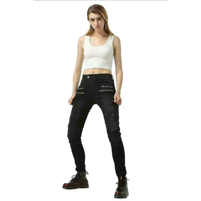 Loong Biker Female Motorcycle Riding Trousers Knight Daily Casual Jeans For Women Fashion Little Slim Protective Pants Black