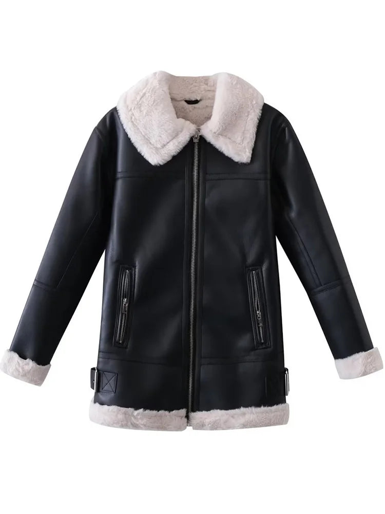 Fitaylor New Autumn Winter Women High Streetwear Thick Warm Faux Leather Lamb Fur Jacket Lady Fashion Casual Moto Biker Pu Coats