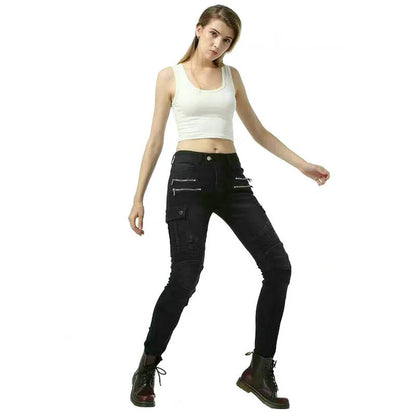 Loong Biker Female Motorcycle Riding Trousers Knight Daily Casual Jeans For Women Fashion Little Slim Protective Pants Black