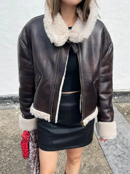 Fitaylor New Autumn Winter Streetwear Thick Warm Moto Biker Coat Women Fashion Loose Lapel Faux Leather Lamb Fur Short Jacket