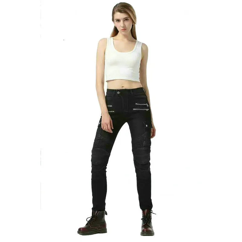 Loong Biker Female Motorcycle Riding Trousers Knight Daily Casual Jeans For Women Fashion Little Slim Protective Pants Black