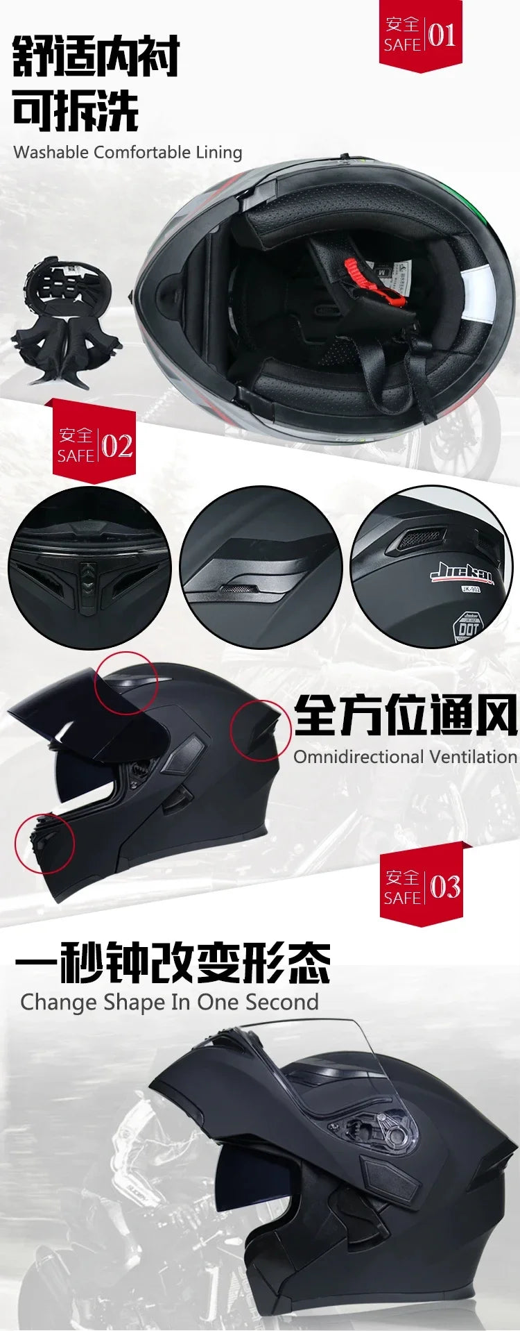 JIEKAI Motorbike Removable Lining Full Face Helmet Motorcycle Flip Up Helmet Racing Summer Winter Dual Lens Visor Motocross DOT Approved