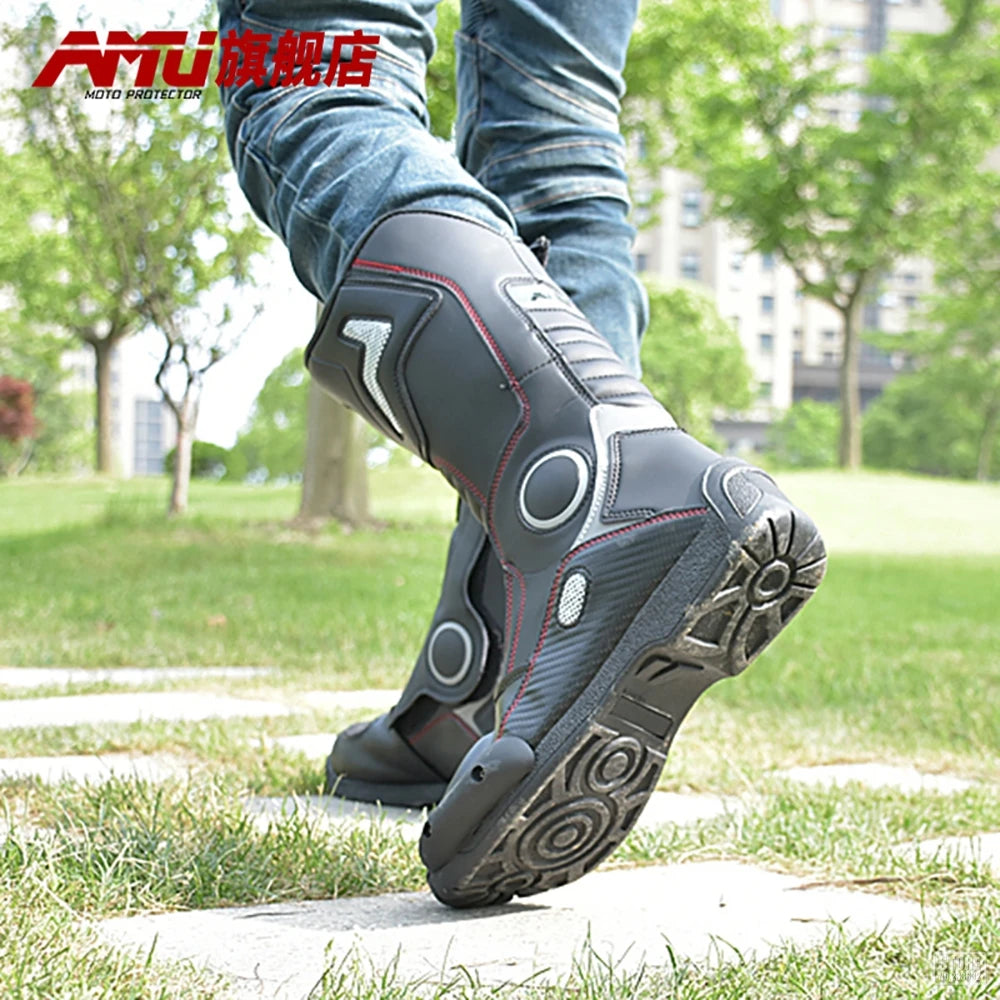 AMU Motorcycle Boots Leather Motocross Boots Men Moto Riding Shoes Motorcycle Protection Motorcycle Long Thigh Boots Reflective