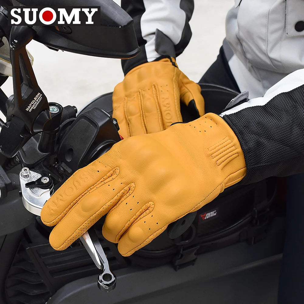 SUOMY Classic Leather Retro Motorcycle Gloves Touchscreen Motocross Gloves Full Finger Motorbike Glove Breathable Wear-resistant