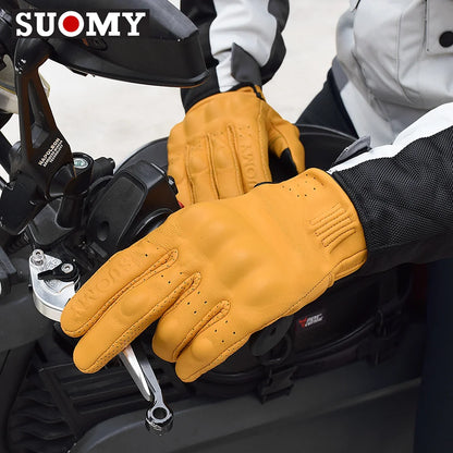 SUOMY Classic Leather Retro Motorcycle Gloves Touchscreen Motocross Gloves Full Finger Motorbike Glove Breathable Wear-resistant