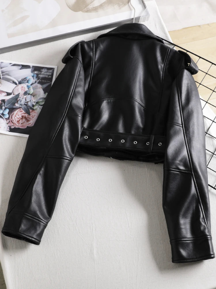 Fitaylor New Spring Autumn Women Vintage Faux Leather Jacket with Belt Lady Streetwear Lapel Zipper Pu Coat Moto Biker Outwear