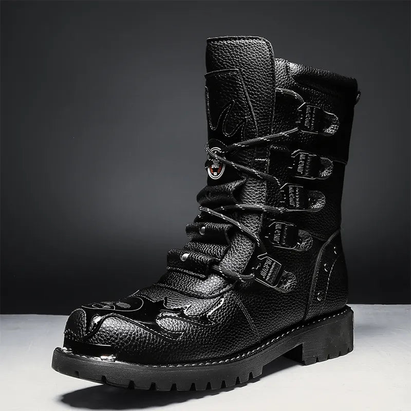 High Top Men Boots Fashion Street Style Motorcycle Boots Frerwork Outdoor Walking Shoes Lace Up Wear-Resisting Platform Shoes