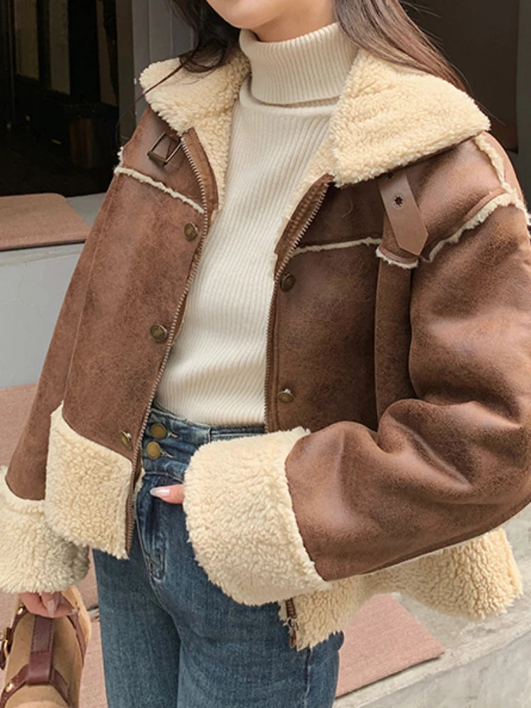 Fitaylor Autumn Winter Women Stand Collar Zipper Lamb Wool Coat Casual Lady Faux Suede Leather Jacket Motorcycle Outwear