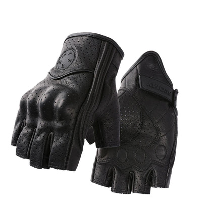 Summer Half Finger Motorcycle Gloves Retro Black Leather Perforated Motorbike Motocross Fingerless Gloves Men Women Riding Glove