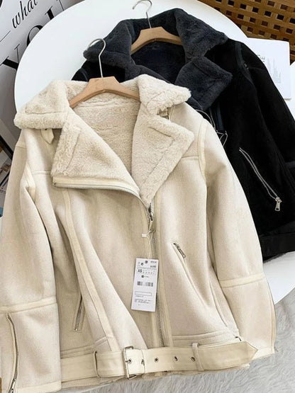 Fitaylor New Winter Moto Biker Loose Faux Suede Leather Soft Fur Jacket with Belt Women Streetwear Lapel Thick Warm Coat Outwear