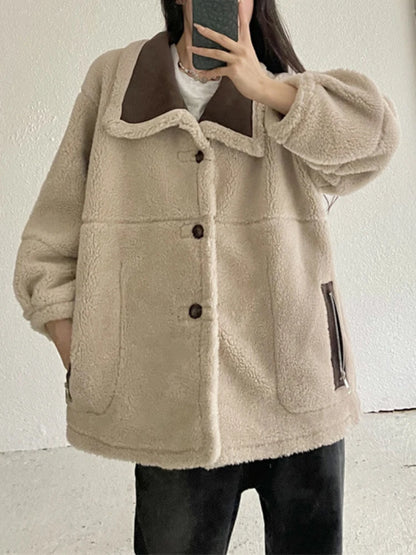 Fitaylor Winter Women Faux Suede Leather Jacket Casual Button Lamb Wool Double Side Coat Female Motorcycle Outwear