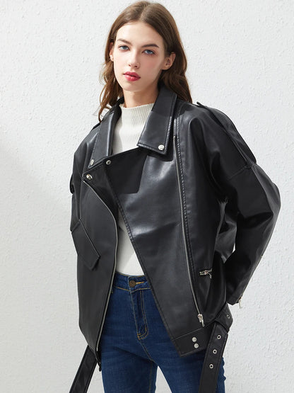 Fitaylor PU Faux Leather Jacket Women Loose Sashes Casual Biker Jackets Outwear Female Tops BF Style Black Leather Jacket Coat