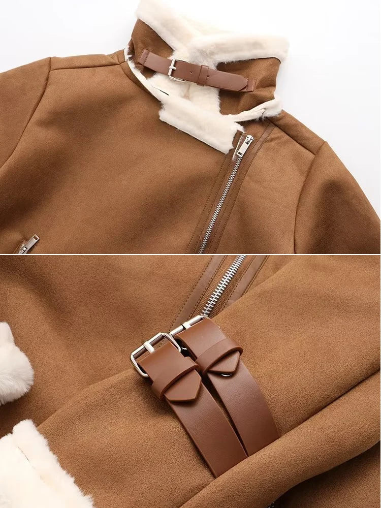 Fitaylor Autumn Winter Women Faux Lamb Wool Leather Jacket Casual Lady Sash Tie Up Snow Outwear Female Loose Motorcycle Coat