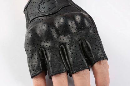 Summer Half Finger Motorcycle Gloves Retro Black Leather Perforated Motorbike Motocross Fingerless Gloves Men Women Riding Glove