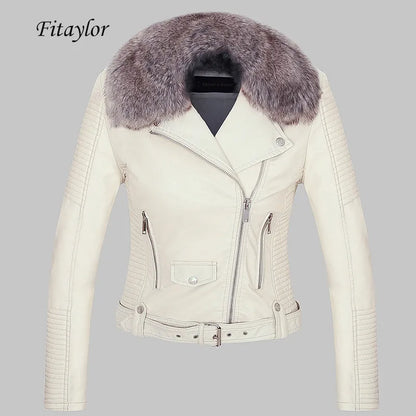 Fitaylor Women Winter Warm Faux Leather Jacket Coat With Fur Collar Female Pink Pu Motorcycle Jacket Biker Punk Black Outerwear