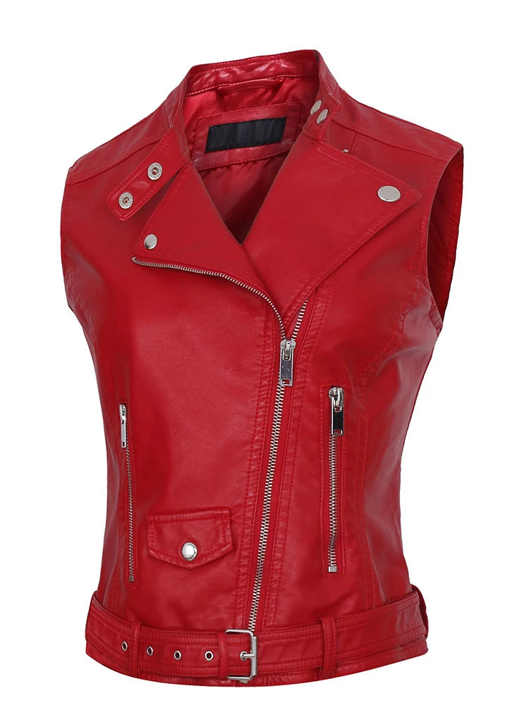 Fitaylor 2022 Spring Faux Red Leather Vest Jacket Women Casual Sleeveless Coat Streetwear Style Sashes Moto Biker Zipper Outwear