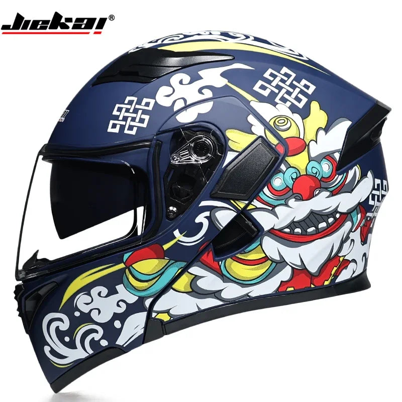 JIEKAI Motorbike Removable Lining Full Face Helmet Motorcycle Flip Up Helmet Racing Summer Winter Dual Lens Visor Motocross DOT Approved