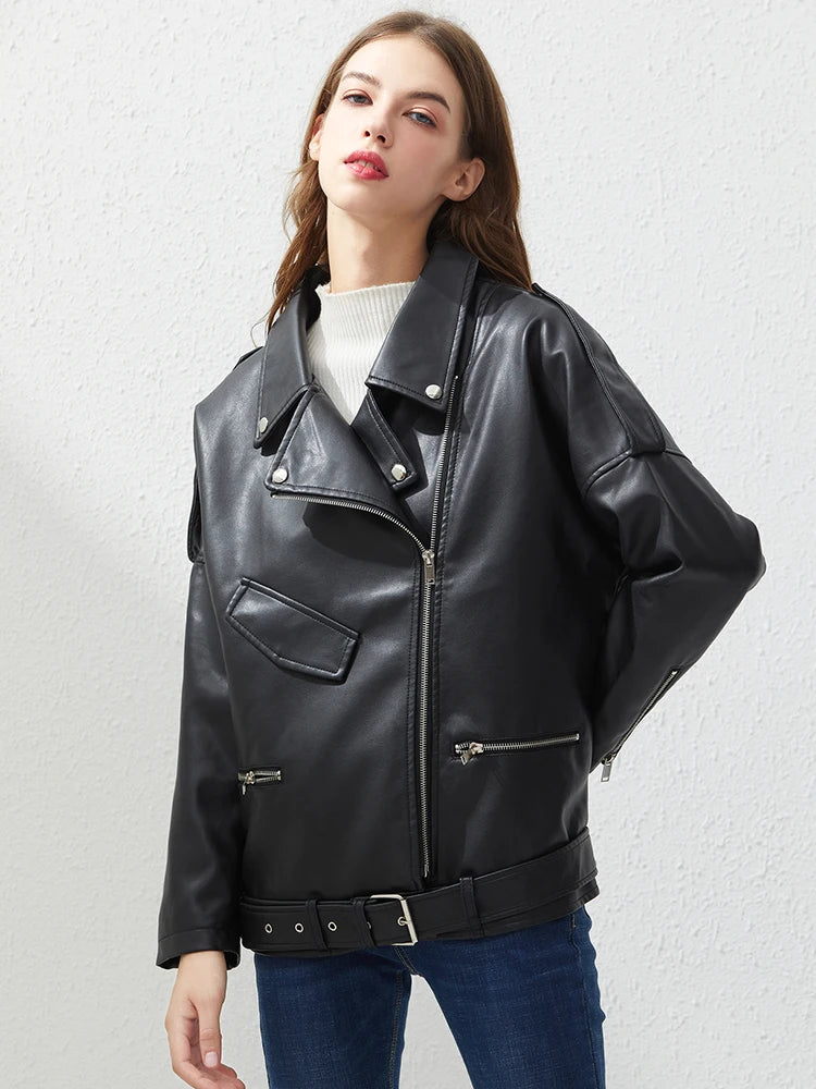 Fitaylor PU Faux Leather Jacket Women Loose Sashes Casual Biker Jackets Outwear Female Tops BF Style Black Leather Jacket Coat