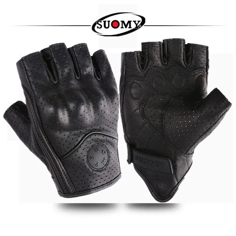 Summer Half Finger Motorcycle Gloves Retro Black Leather Perforated Motorbike Motocross Fingerless Gloves Men Women Riding Glove