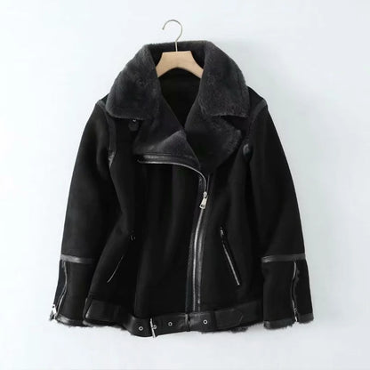 Fitaylor Winter Women New Jacket Faux Leather Fur Splicing Leather Coat Moto Bike Thickness Overcoat Snow Warm Outwear with Belt