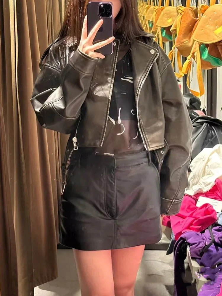 Fitaylor New Spring Autumn Women High Street Turn-down Zipper Faux Leather Jacket with Belt Vintage Moto Biker Short Pu Coat