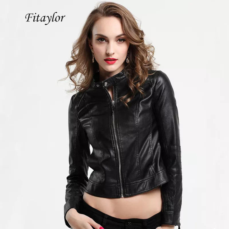 Fitaylor Women PU Leather Jackets Lady Black Pink Faux Leather Outwear Motorcycle Coat Spring Matte Biker Bomber Jacket