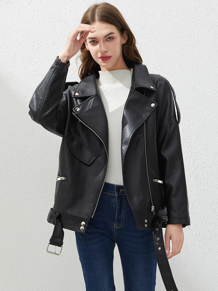 Fitaylor PU Faux Leather Jacket Women Loose Sashes Casual Biker Jackets Outwear Female Tops BF Style Black Leather Jacket Coat