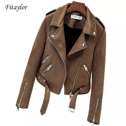 Fitaylor New Autumn Faux Suede Womens Motorcycle Jacket Faux Leather Jacket Women Biker Jacket Slim White PU Coat