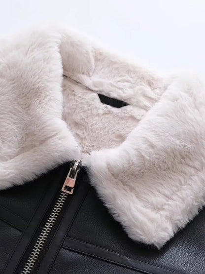 Fitaylor New Autumn Winter Women High Streetwear Thick Warm Faux Leather Lamb Fur Jacket Lady Fashion Casual Moto Biker Pu Coats