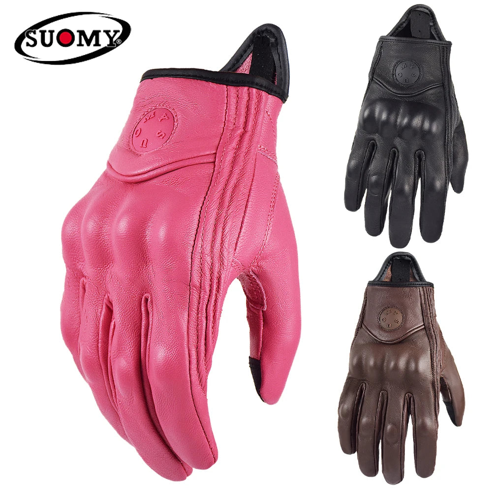 Suomy Vintage Leather Motorcycle Gloves Full Finger Motorbike Equipment Women Men Brown ATV Rider Sports Protect Glove Guantes