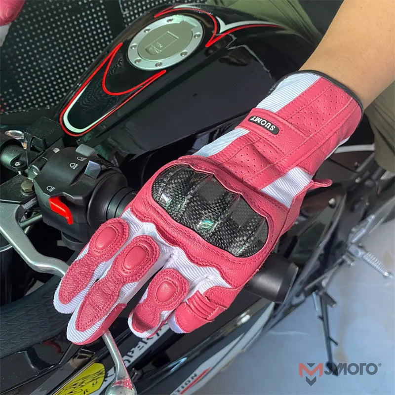 Suomy Summer Biker Glove Women Pink Motorcyclist Gloves Leather  Full Finger Carbon Fiber Protection for Motorcycle Motocross